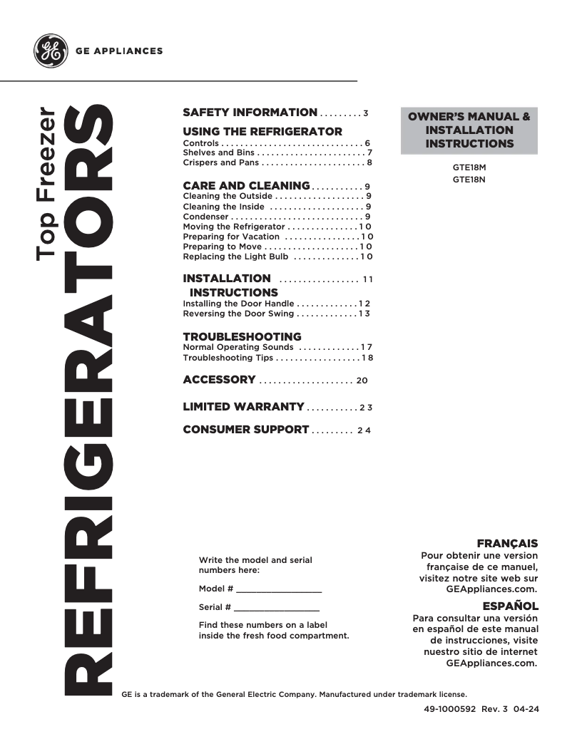 Page 1 de la notice Manuel d'utilisation et d'entretien GE GTE18MTRRWW