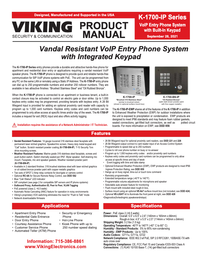Page 1 of the manual User Manual Viking K-1700-IP