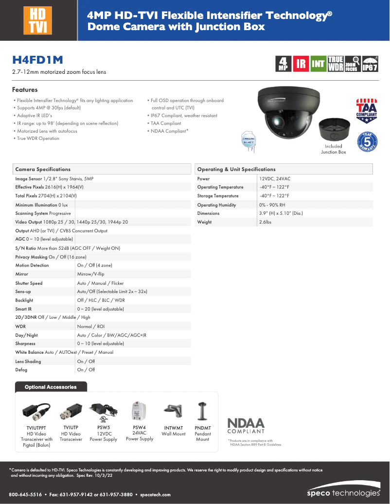 Page 1 de la notice Fiche technique Speco Technologies H4FD1M