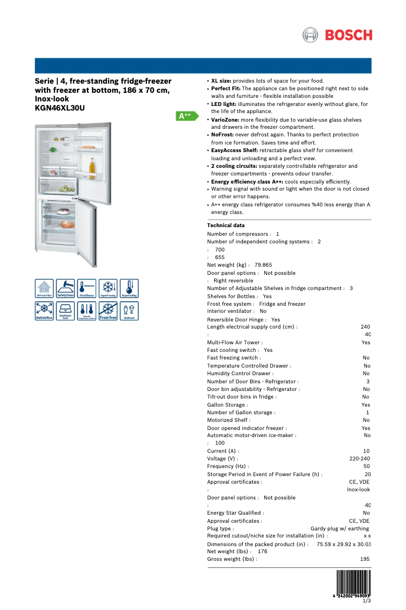 Page n°1 - Fiche technique Bosch KGN46XL30U