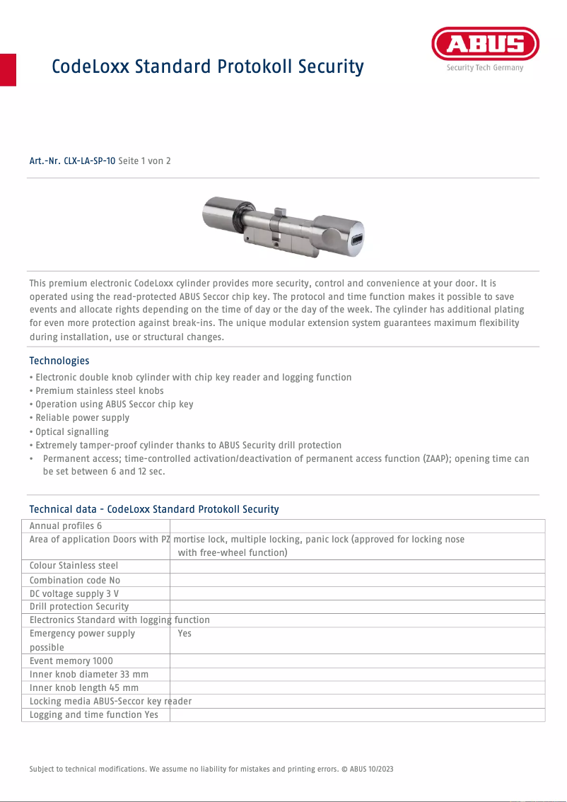 Page 1 de la notice Fiche technique Abus CLX-LA-SP-10
