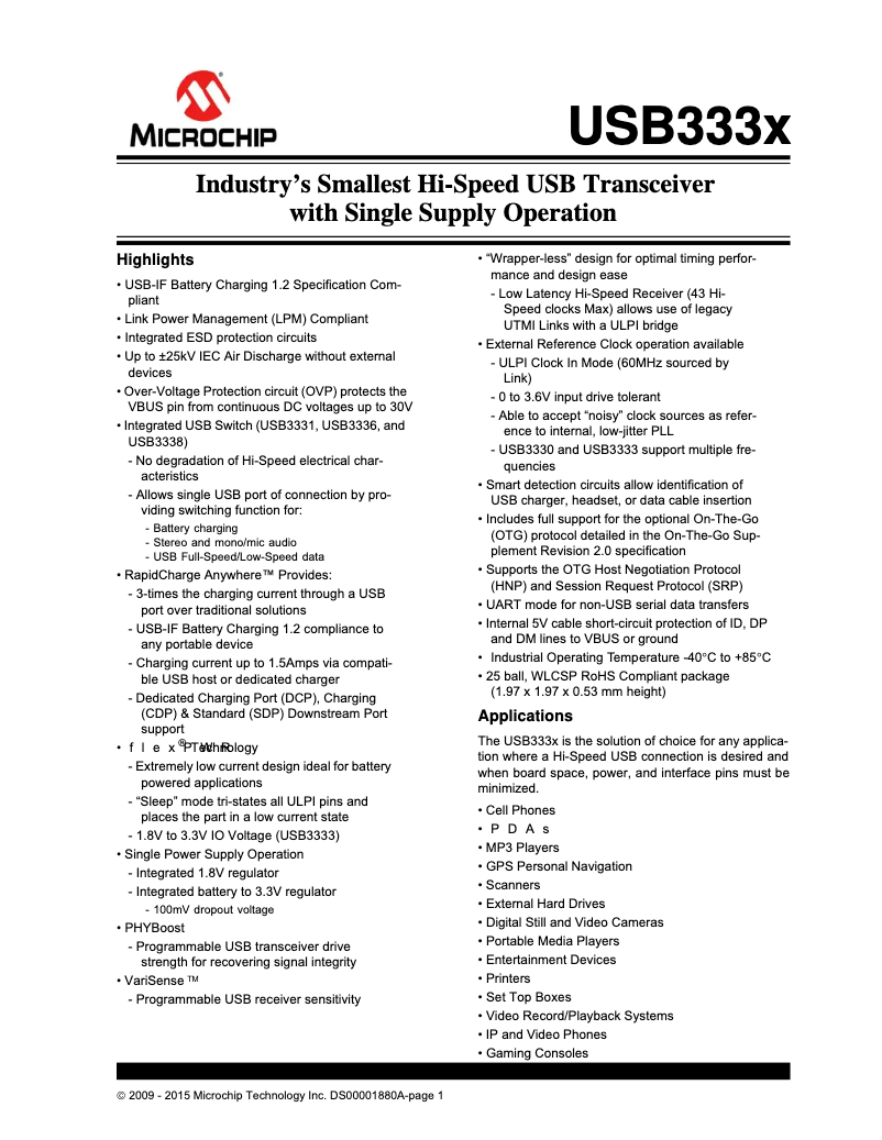 Page 1 de la notice Fiche technique Microchip USB3331