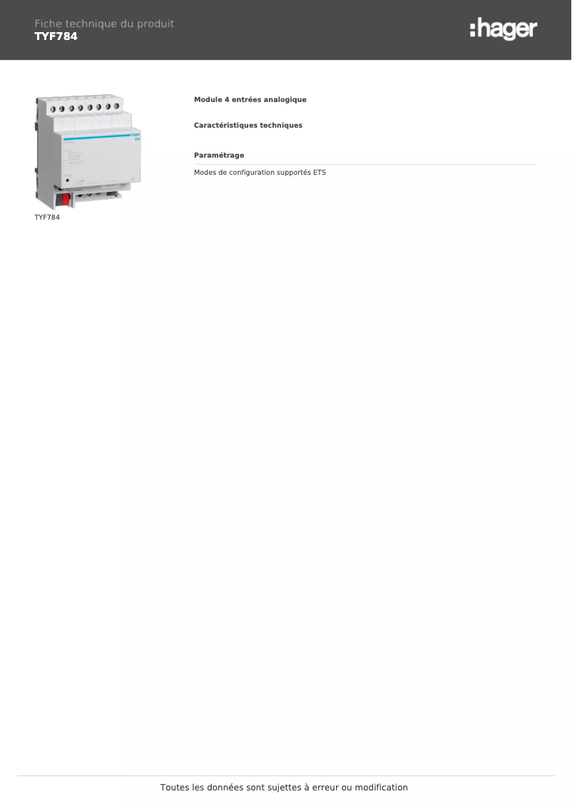 Page n°1 - Fiche technique Hager TYF784