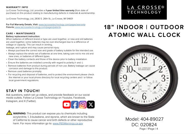 Page 1 de la notice Manuel utilisateur La Crosse Technology 404-89027