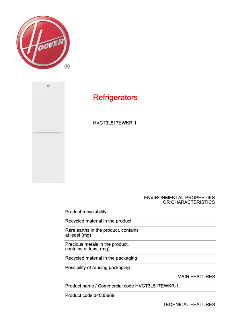 Page n°1 - Fiche technique Hoover HVCT3L517EWKR