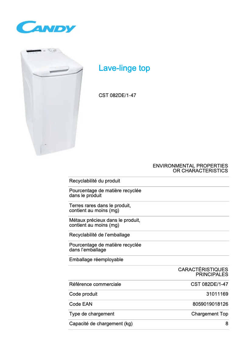 Page 1 de la notice Fiche technique Candy CST 082DE/1-47