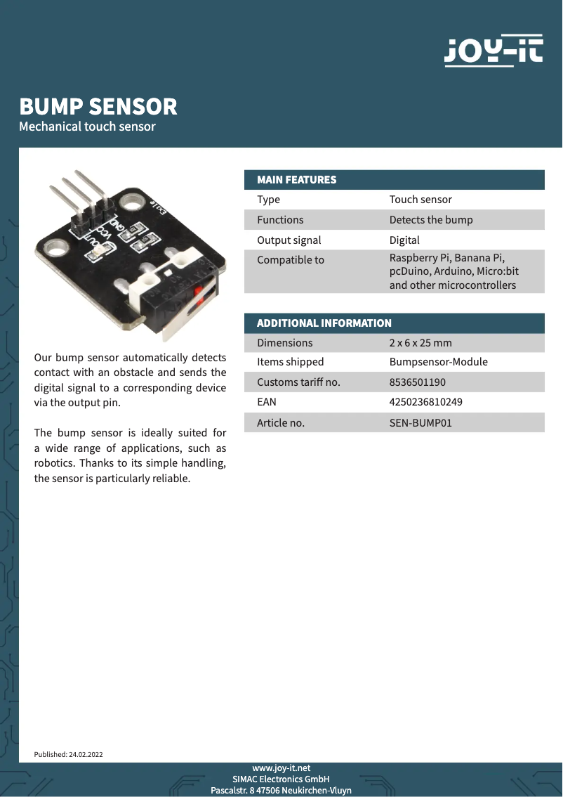 Page 1 de la notice Fiche technique Joy-It SEN-BUMP01