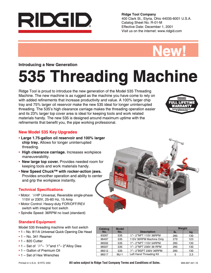 Page 1 de la notice Catalogue Ridgid 535