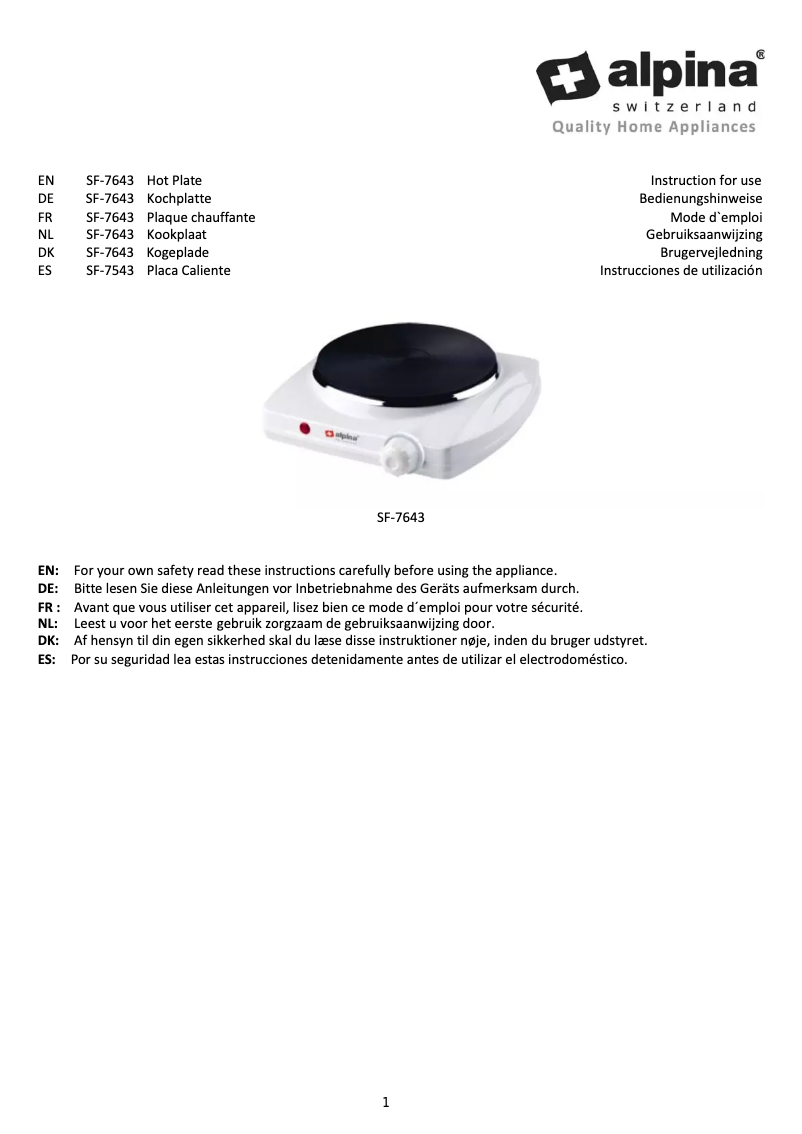 Page 1 de la notice Manuel utilisateur Alpina SF-7643