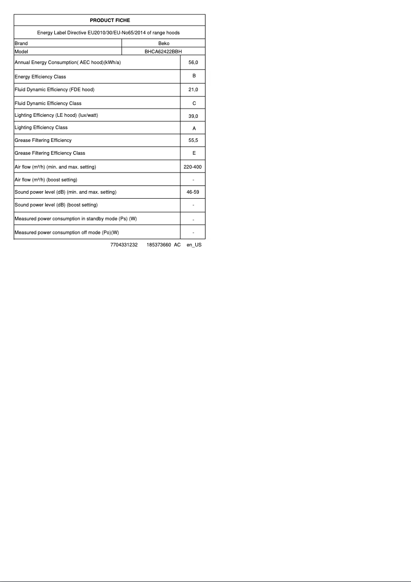 Page 1 de la notice Fiche technique Beko BHCA62422BBH