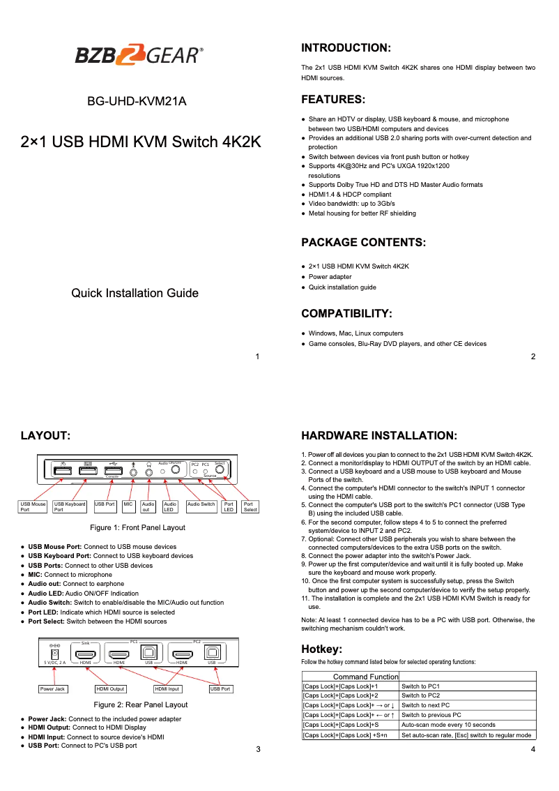 Page 1 de la notice Manuel utilisateur BZBGear BG-UHD-KVM21A