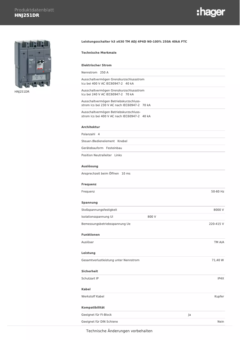 Page n°1 - Fiche technique Hager HNJ251DR