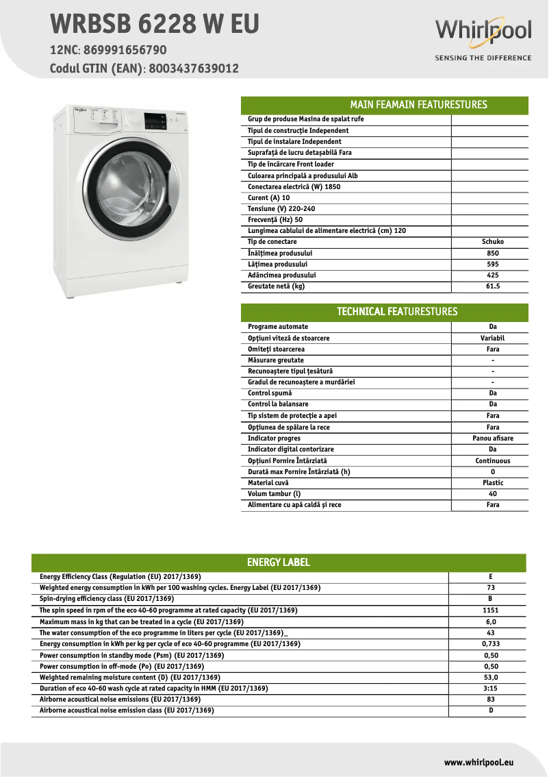 Página 1 del manual Ficha técnica Whirlpool WRBSB 6228 W EU