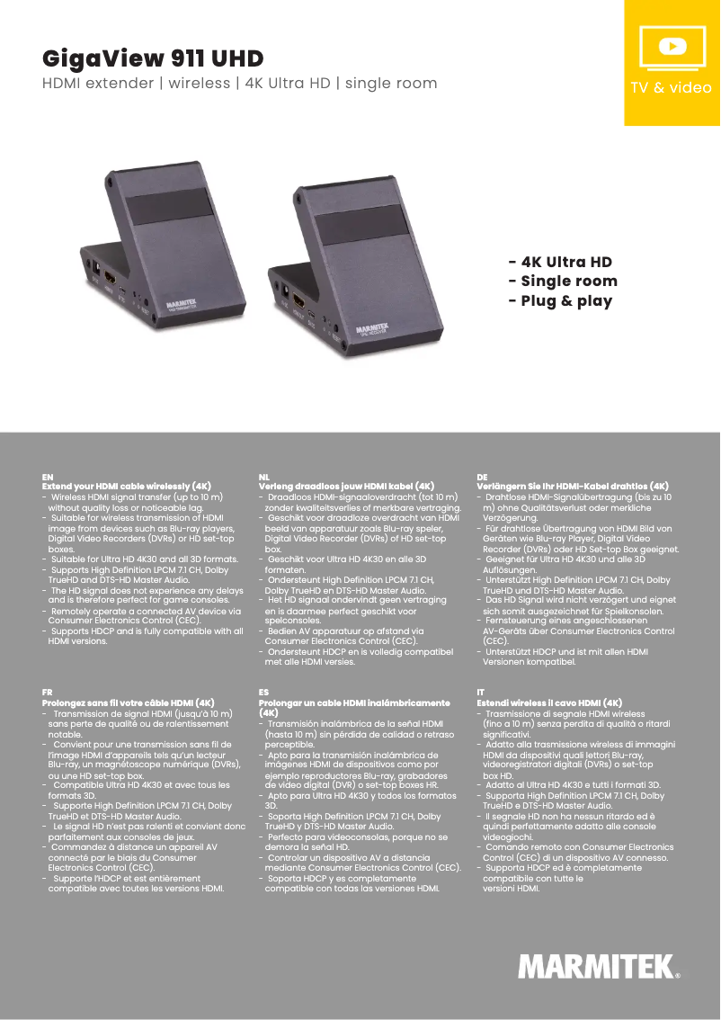 Página 1 del manual Ficha técnica Marmitek GigaView 911 UHD