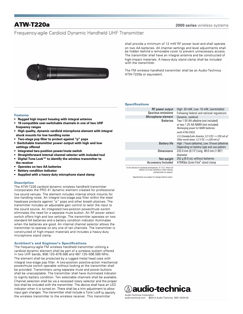Page n°1 - Manuel utilisateur Audio-Technica ATW-T220a