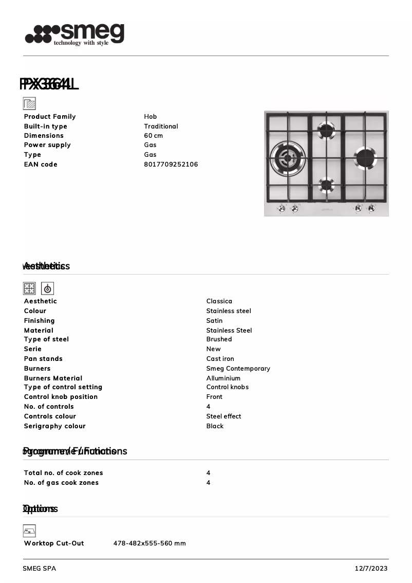 Página 1 del manual Ficha técnica Smeg PX364L