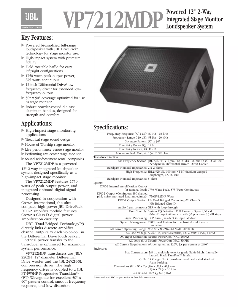 Page 1 de la notice Fiche technique JBL VP7212MDP