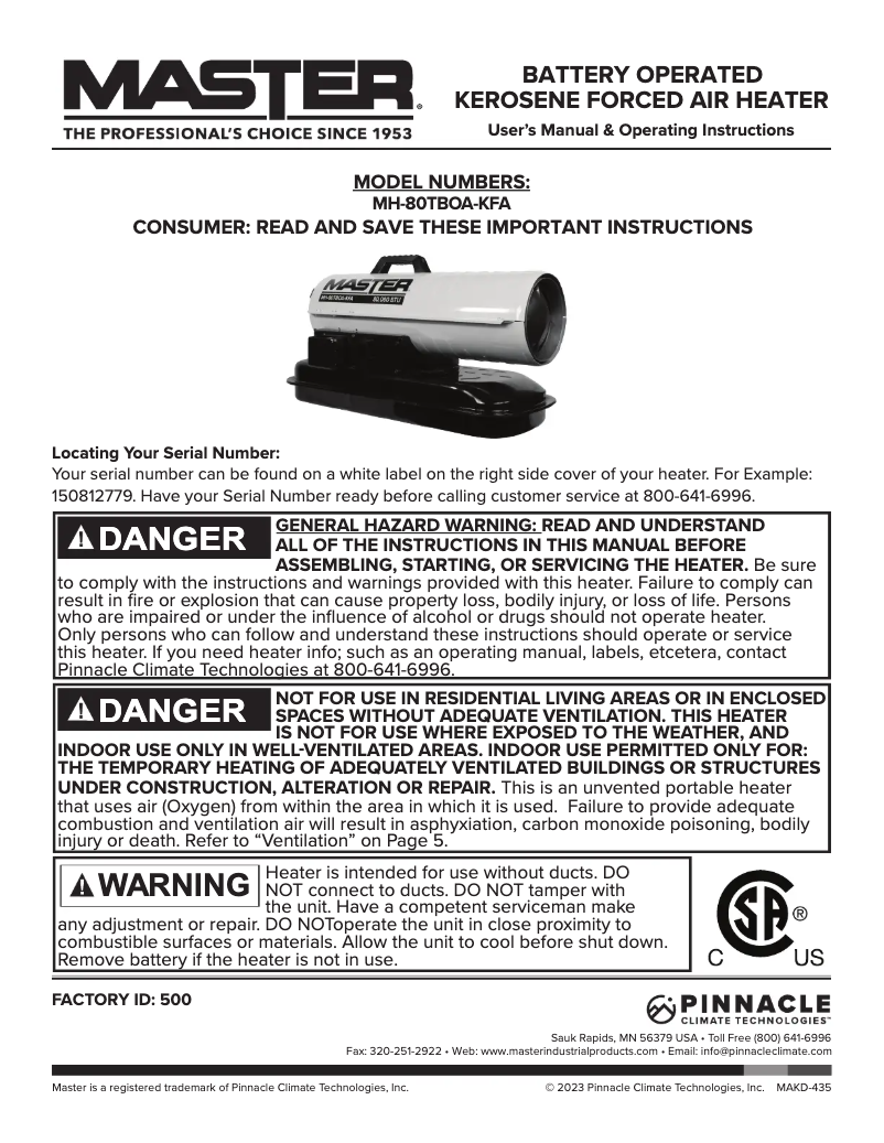 Page 1 de la notice Manuel utilisateur Master MH-80TBOA-KFA