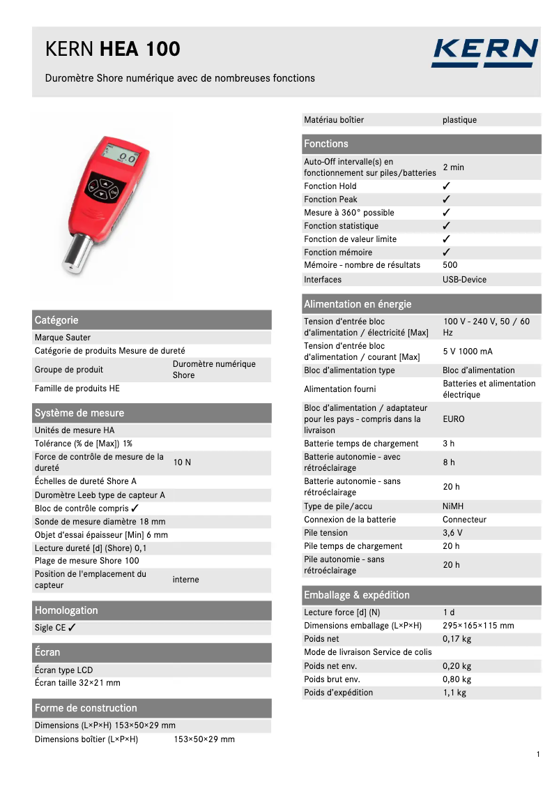 Page 1 de la notice Fiche technique Kern HEA 100