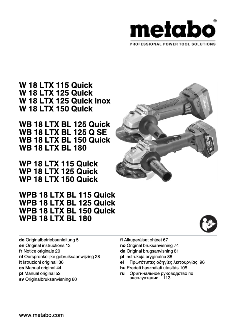 Page 1 de la notice Manuel utilisateur Metabo W 18 LTX 125 Inox