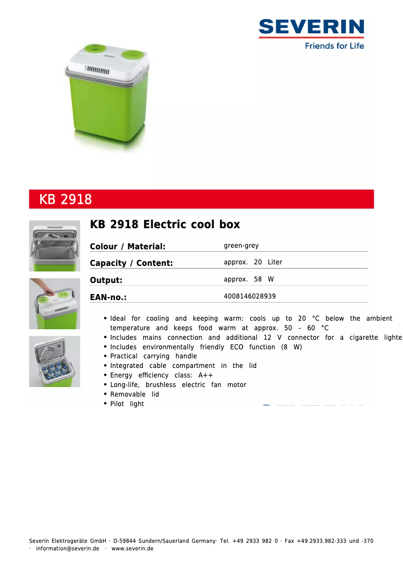Page 1 de la notice Fiche technique Severin KB 2918