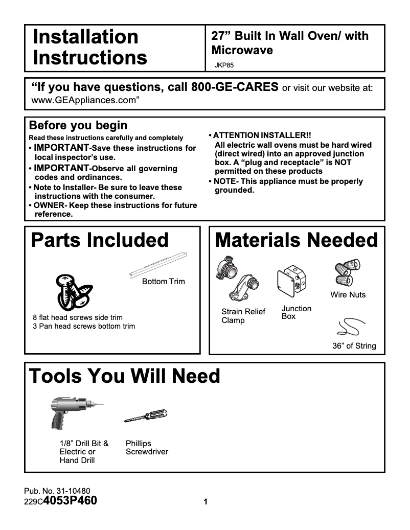 Page n°1 - Guide d'installation GE JKP85WDWW