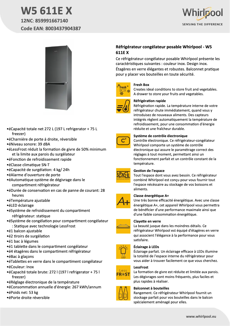 Page 1 de la notice Fiche technique Whirlpool W5 611E X