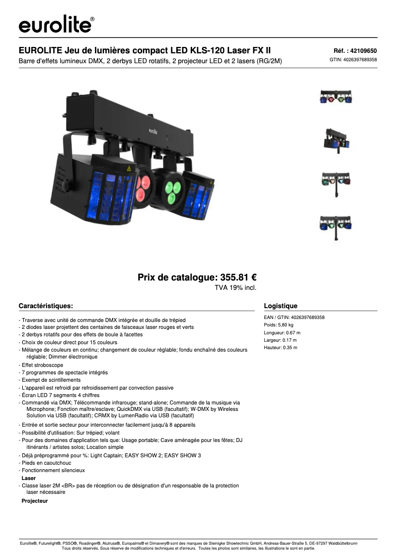 Page 1 de la notice Fiche technique Eurolite LED KLS-120 Laser FX II