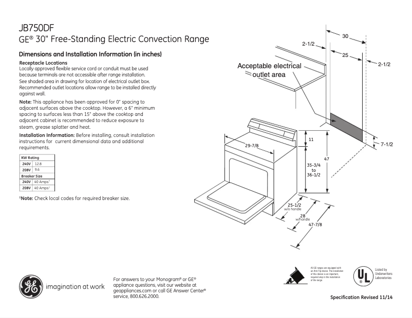 Página 1 del manual Ficha técnica GE JB750DFBB