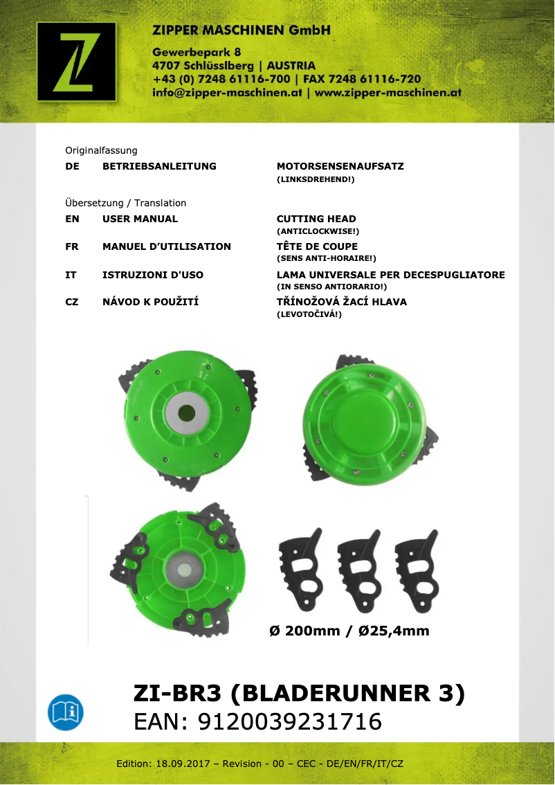 Page 1 de la notice Manuel utilisateur Zipper ZI-BR3