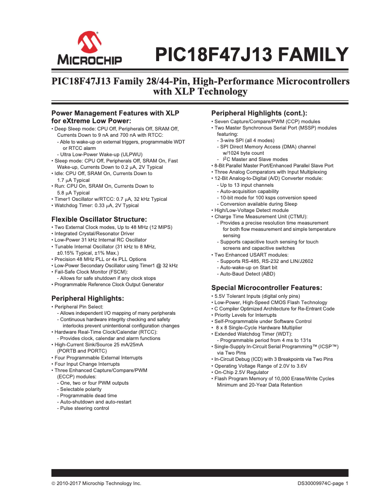 Page 1 de la notice Fiche technique Microchip PIC18F27J13