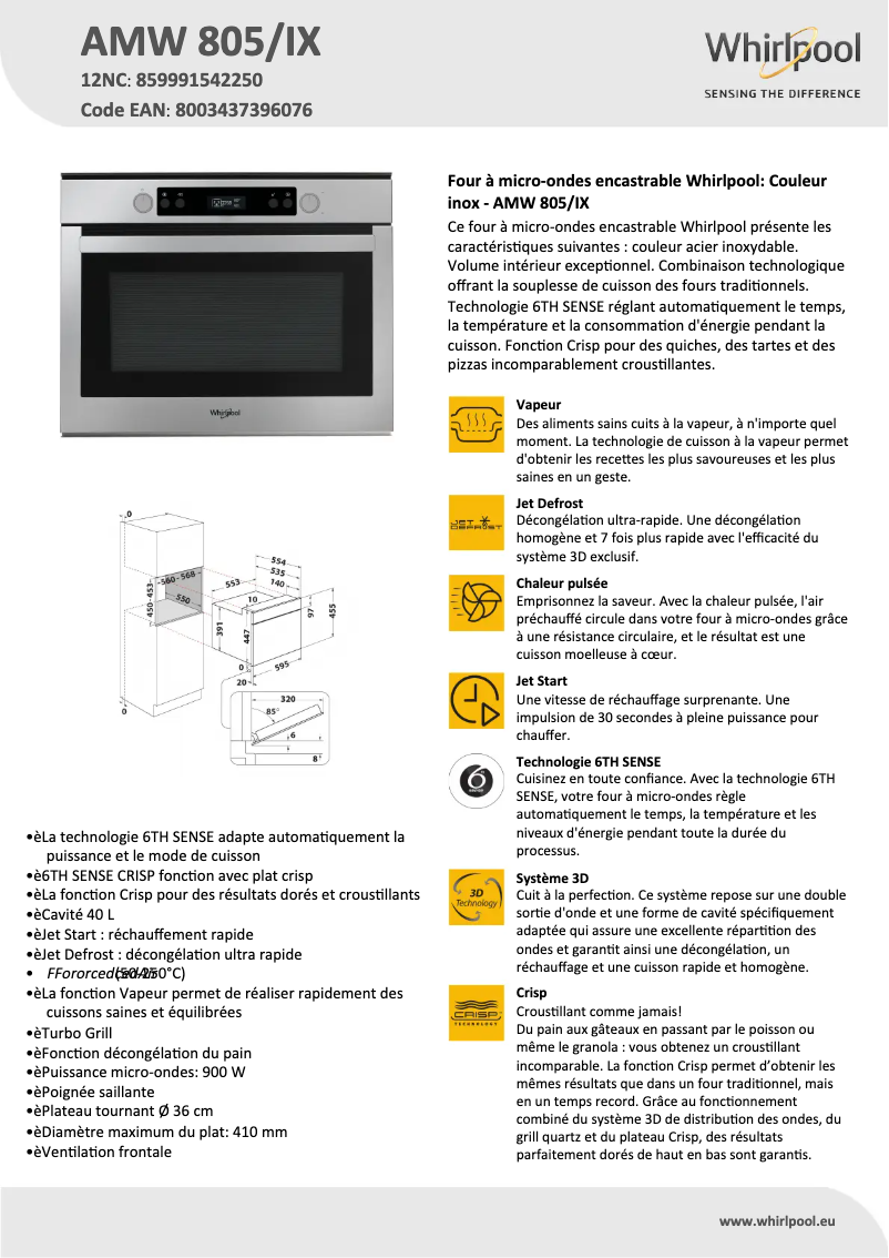 Page n°1 - Fiche technique Whirlpool AMW 805/IX