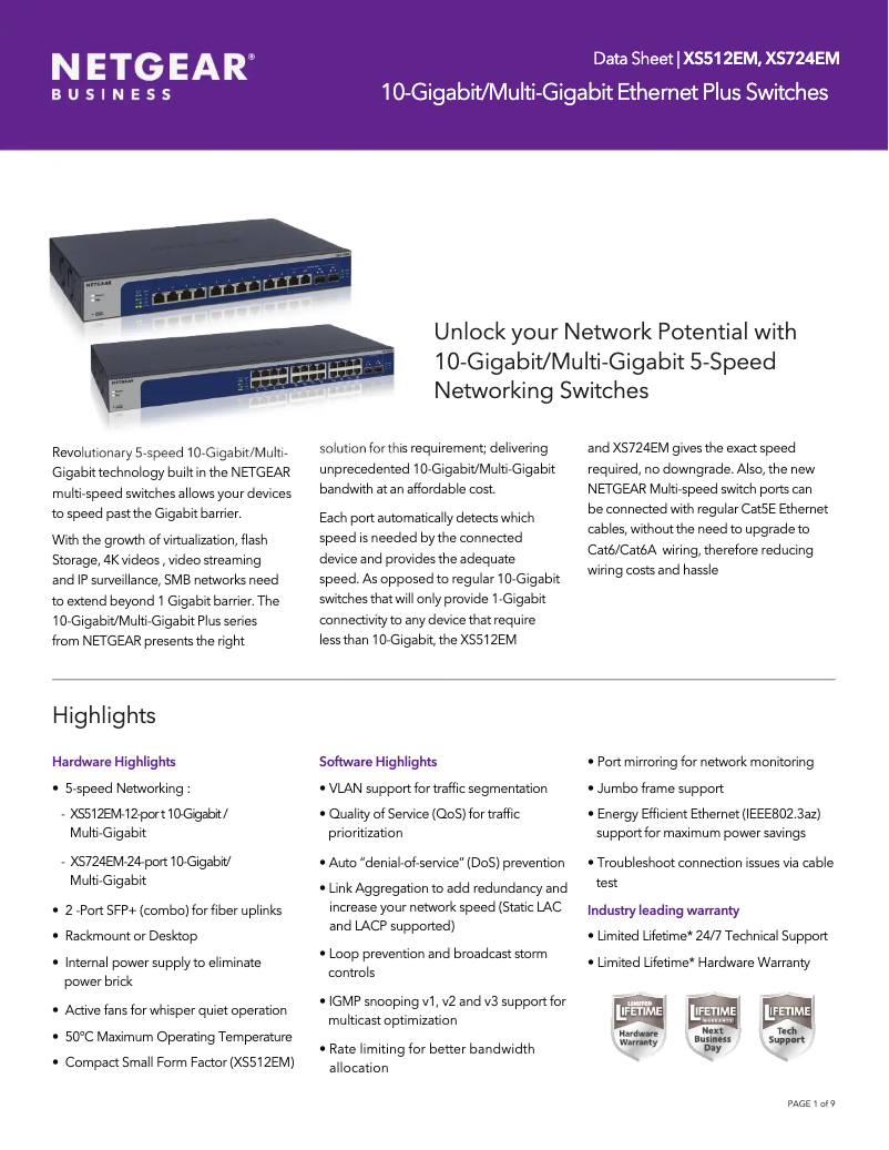 Page n°1 - Fiche technique Netgear XS512EM