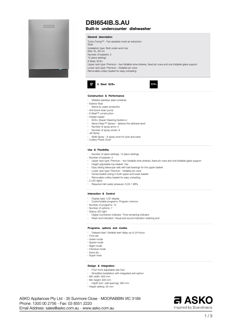 Page n°1 - Fiche technique Asko DBI654IB.S.AU