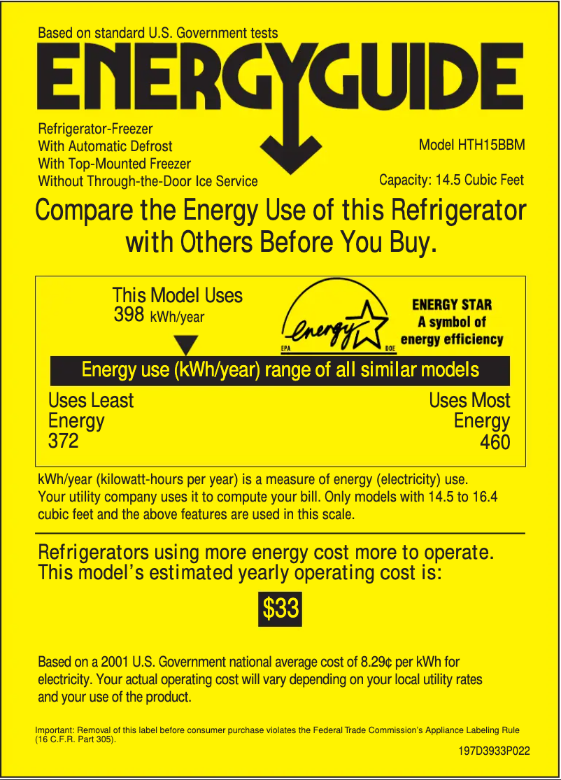 Page n°1 - Label énergétique Hotpoint HTH15BBMRAA
