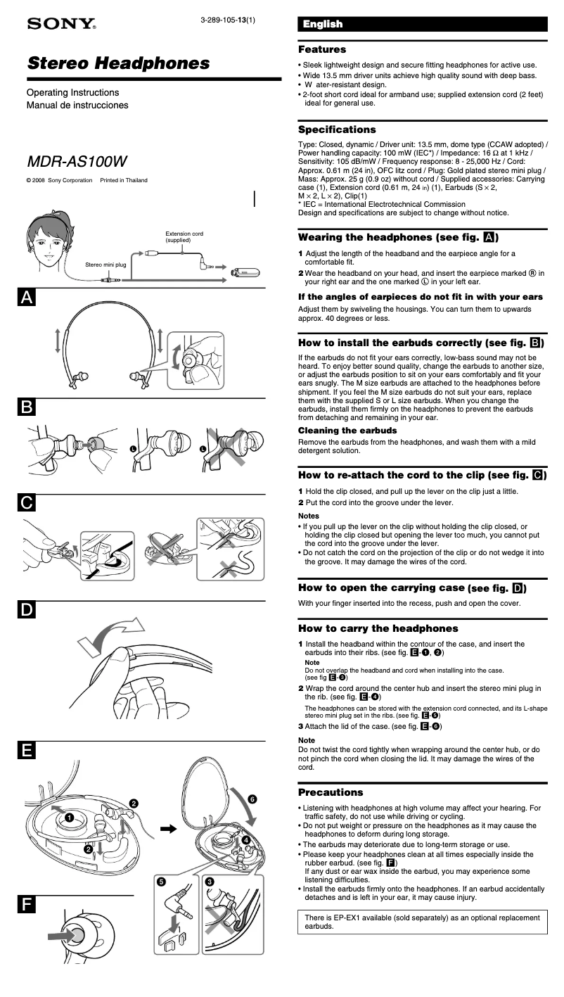 Page 1 de la notice Manuel utilisateur Sony MDR-AS100W