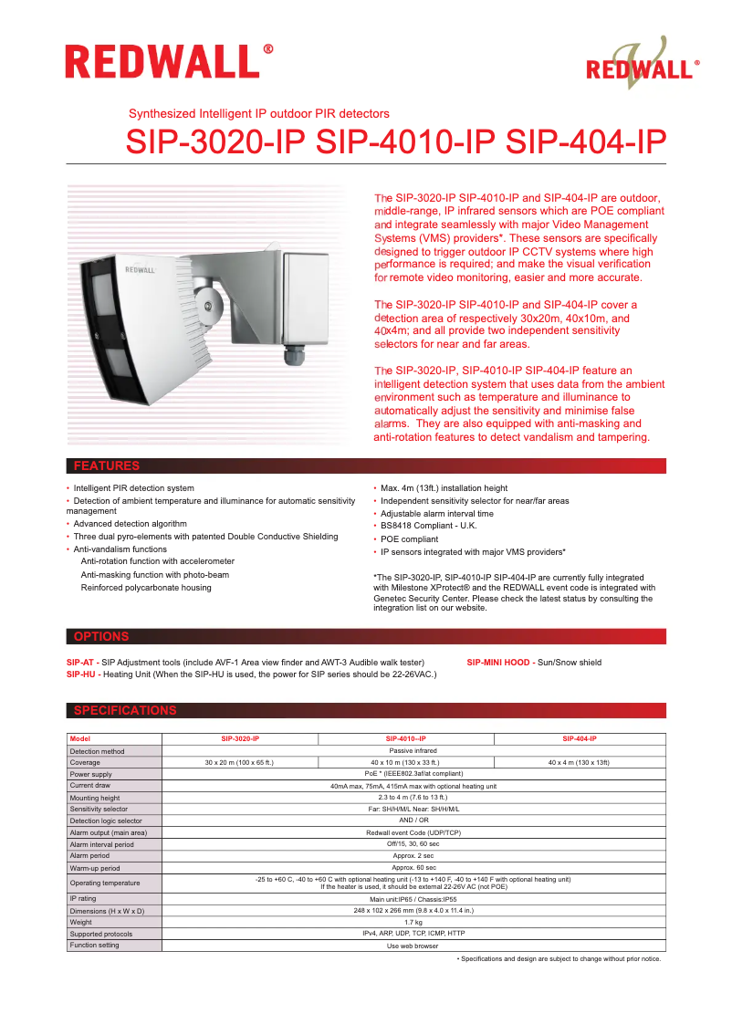 Page 1 de la notice Fiche technique Optex Redwall SIP-3020-IP-BOX