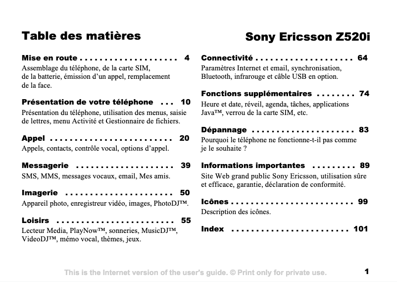 Page n°1 - Manuel utilisateur Sony Ericsson Z520i