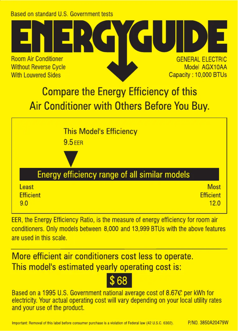Page 1 de la notice Label énergétique GE AGX10AA