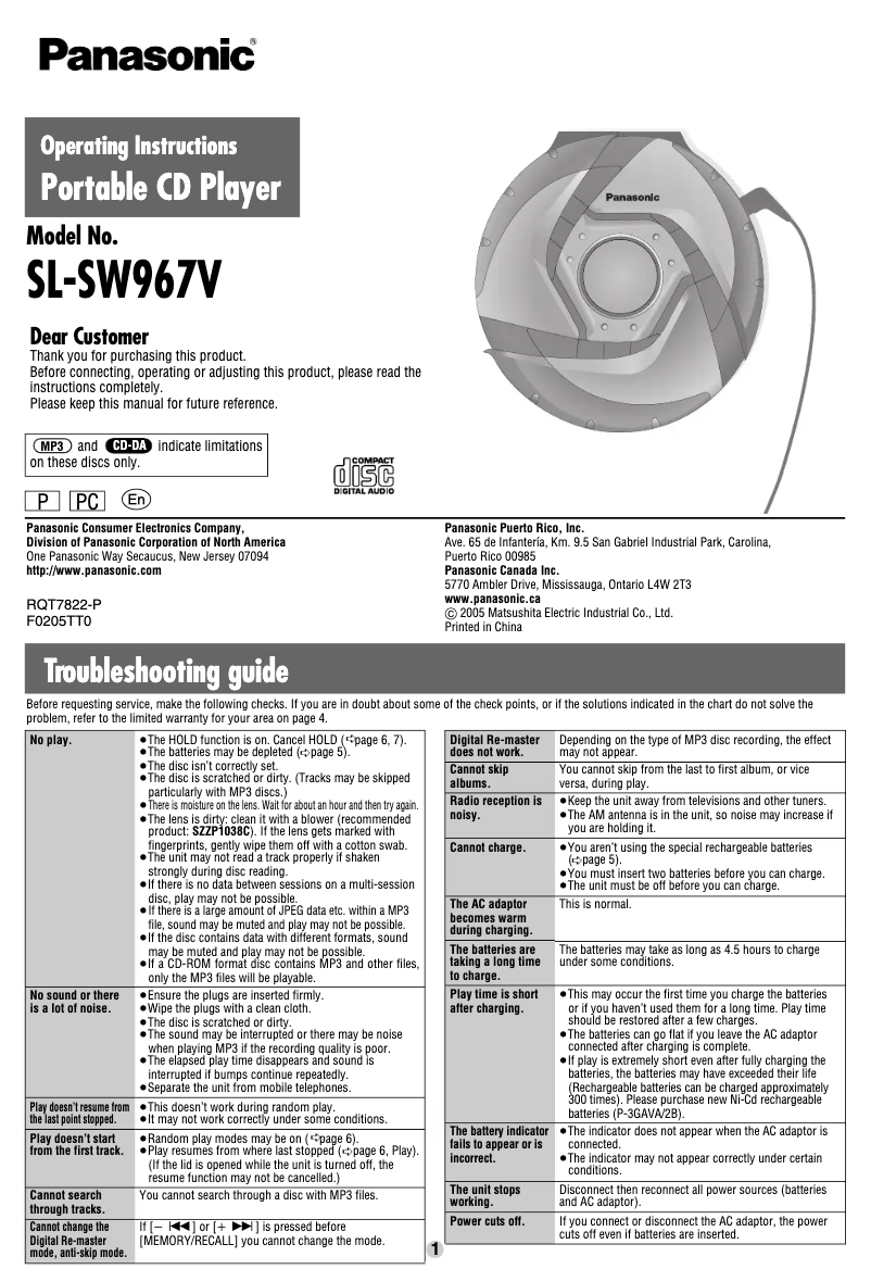 Page 1 de la notice Manuel utilisateur Panasonic SL-SW967V