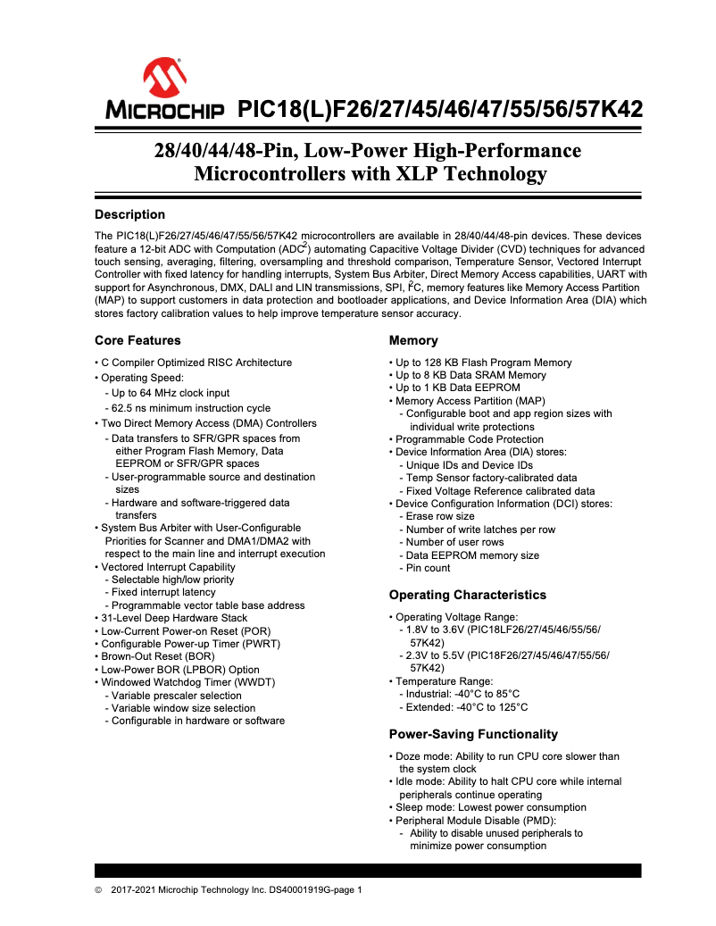 Page 1 de la notice Fiche technique Microchip PIC18F47K42