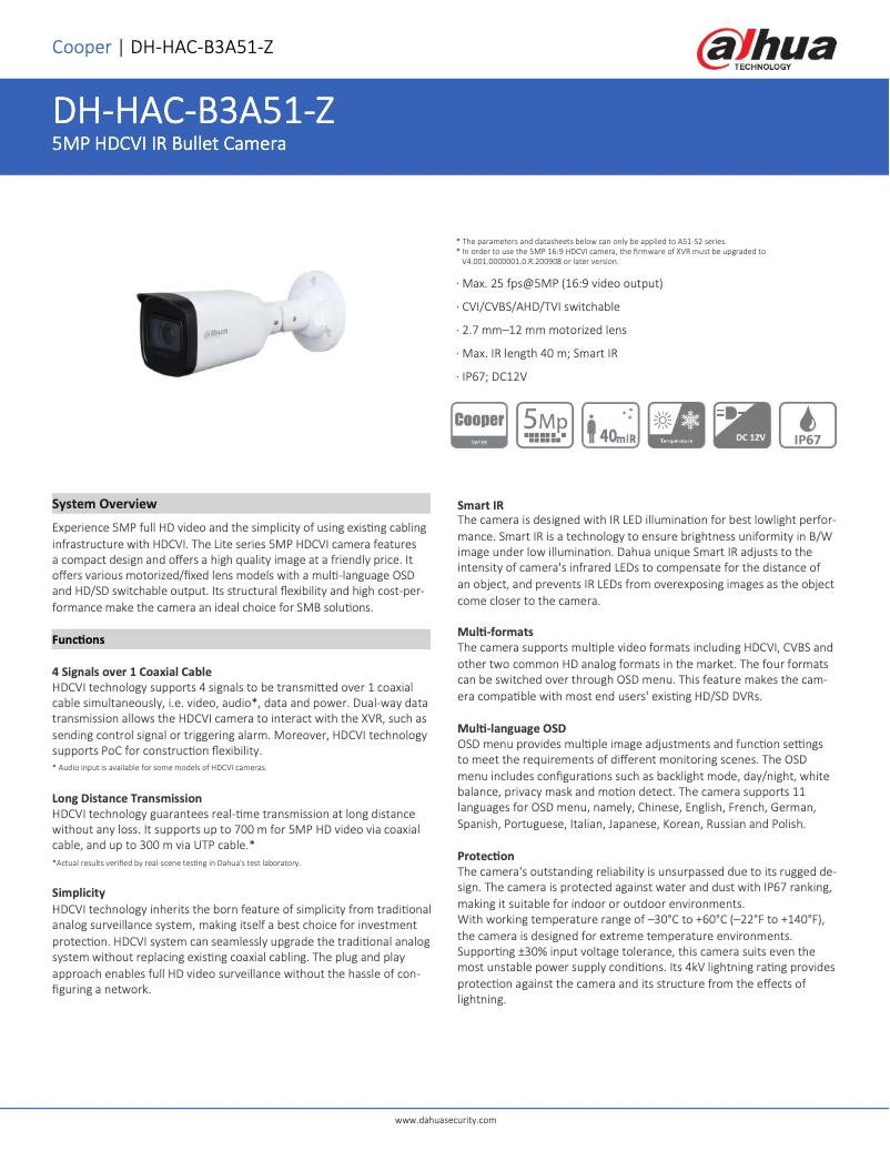 Page n°1 - Fiche technique Dahua Technology HAC-B3A51-Z