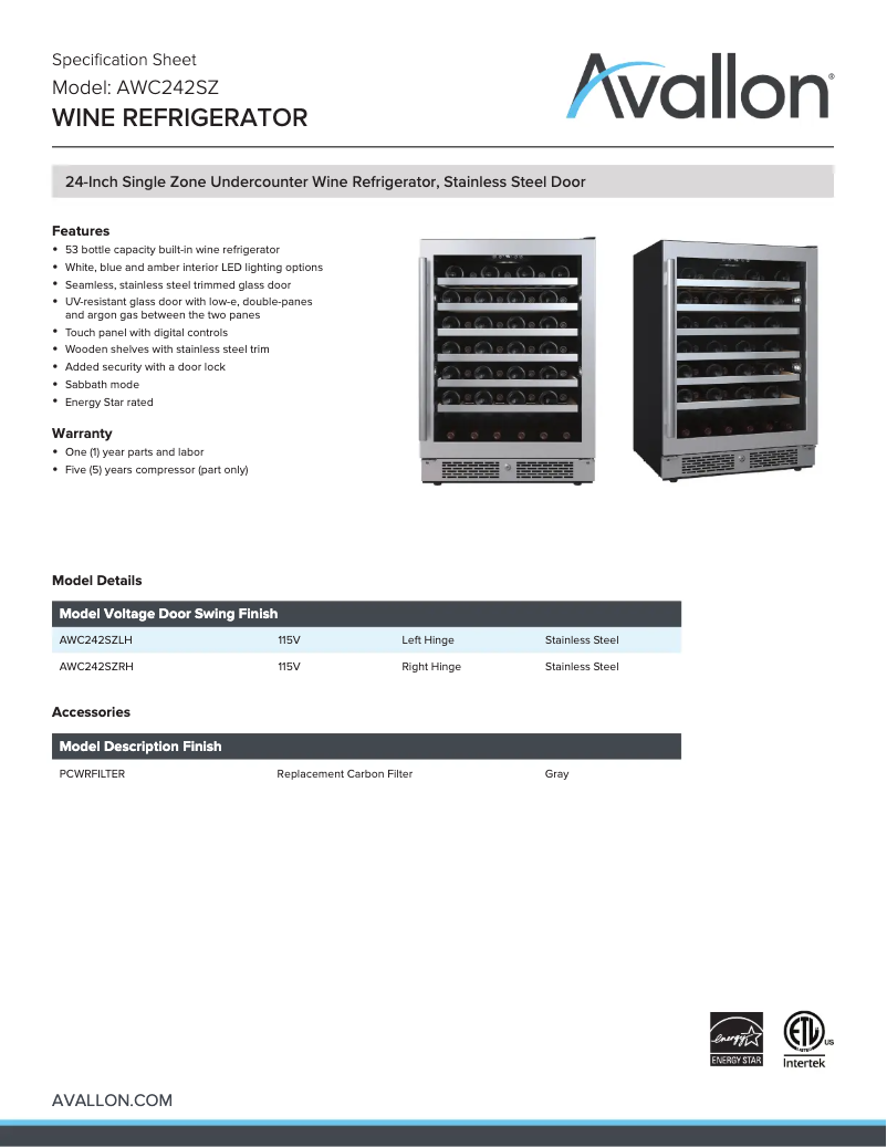 Page 1 de la notice Fiche technique Avallon AWC242SZLH