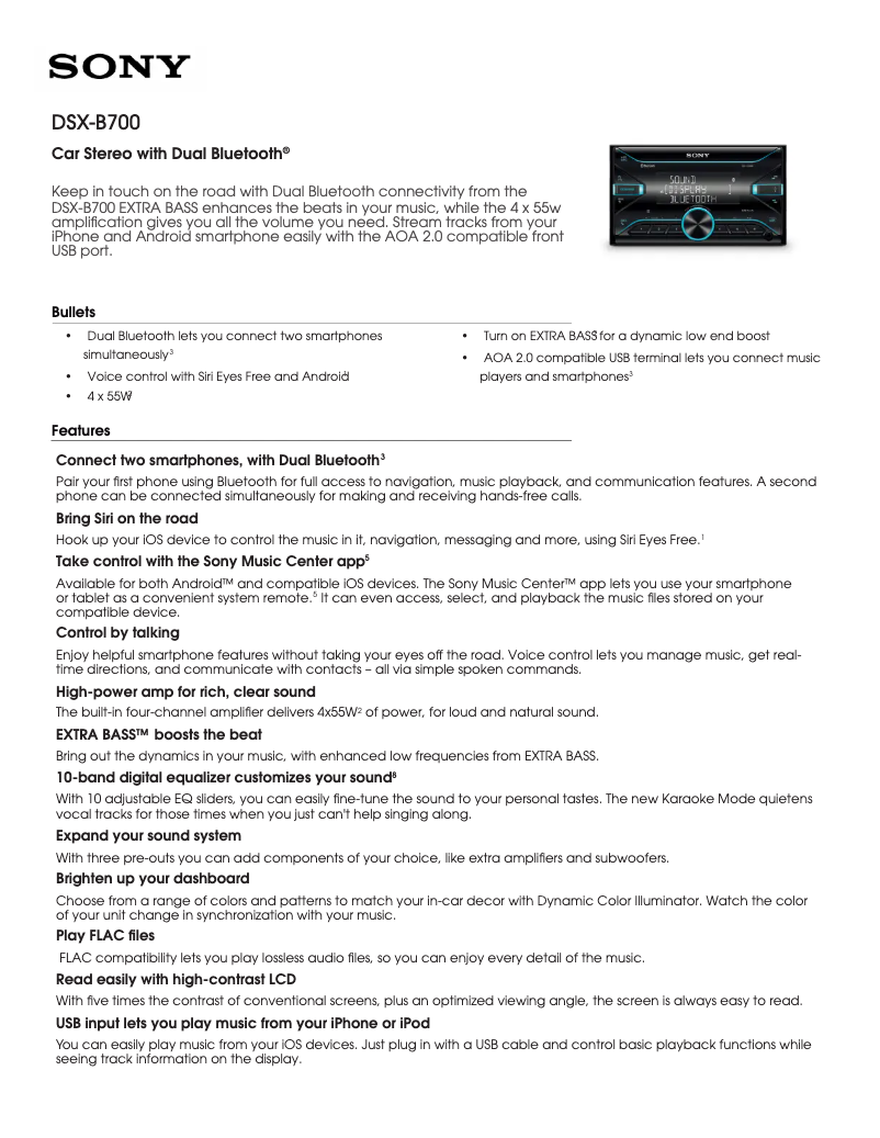Page 1 de la notice Fiche technique Sony DSX-B700