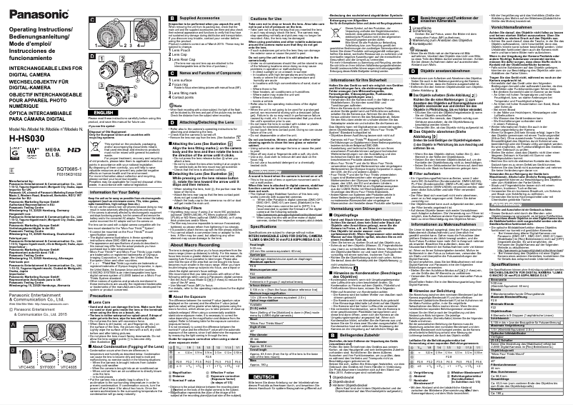 Page 1 de la notice Manuel utilisateur Panasonic Lumix H-HS030E