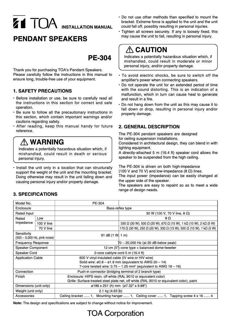 Page n°1 - Manuel utilisateur TOA Q-PE-304