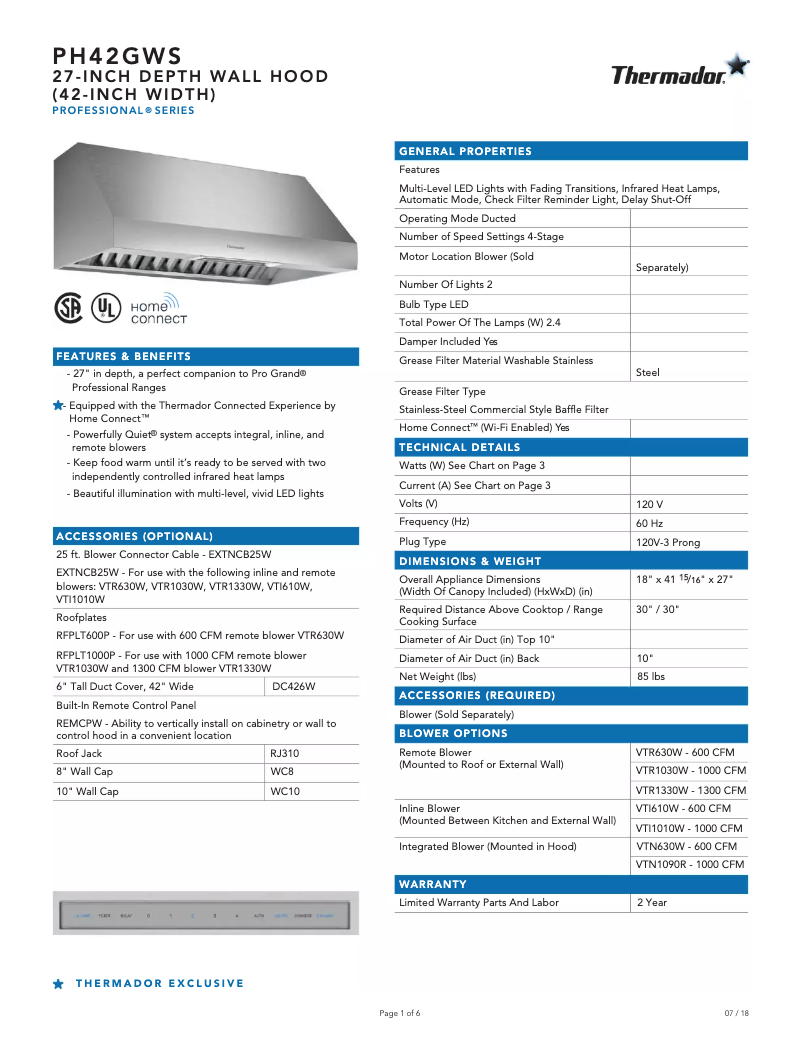 Page 1 de la notice Fiche technique Thermador PH42GWS