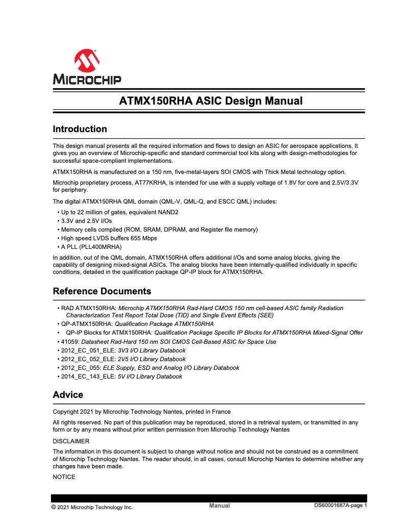 Page 1 de la notice Fiche technique Microchip ATMX150RHA