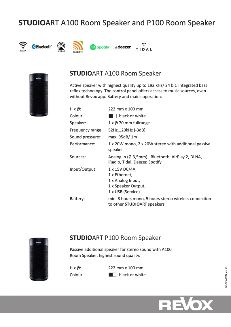Page 1 de la notice Fiche technique Revox Studioart A100