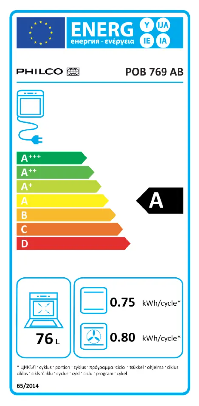 Page 1 de la notice Label énergétique Philco POB 769 AB